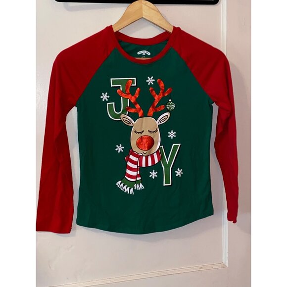Holiday Time Christmas Raglan Shirt Reindeer Joy Graphic Red & Green Size 10/12 - Picture 1 of 7